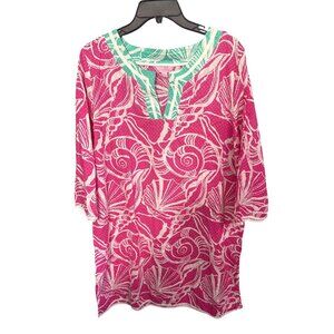 Lilly Pulitzer Womens Large Pink & Green Sea Shell Print Tunic Top